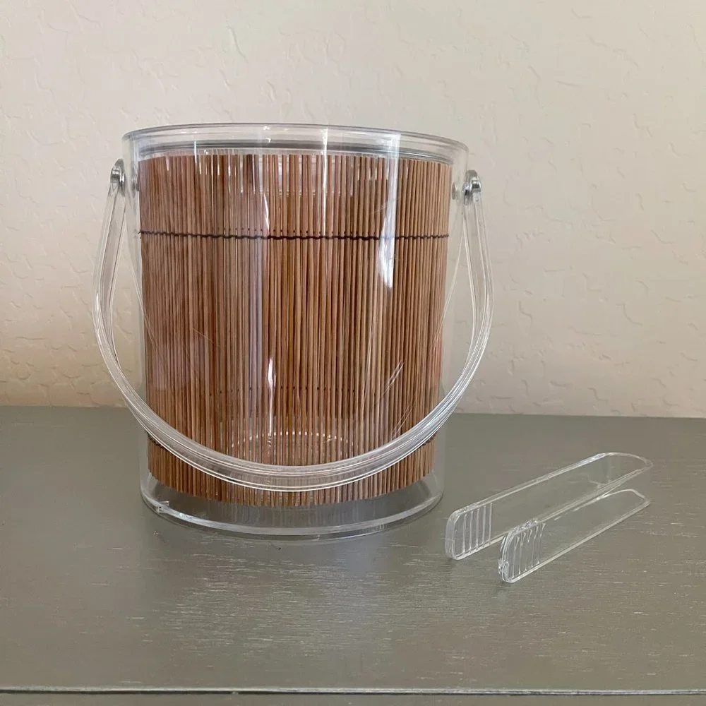 Clear Lucite Bamboo Tiki Ice Bucket With Handle Includes Matching Tongs